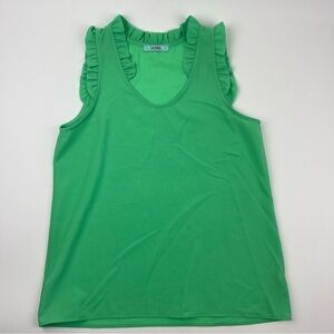 Karlie Tank Top Womens Small Green Vneck Ruffles Sleeveless